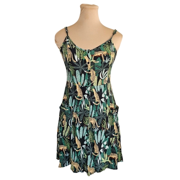 House Dresses & Skirts - House Tropical Leopard Print Spaghetti Strap Mini Dress Sz XS